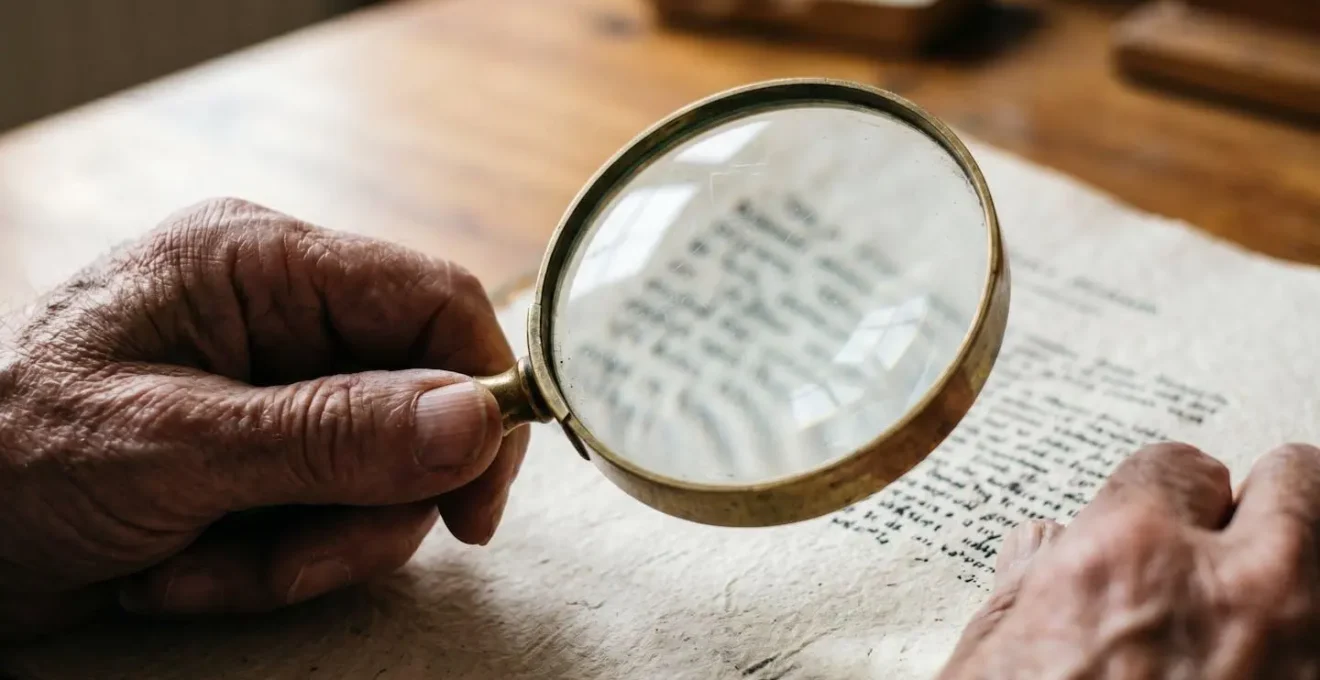 Vue macro de mains vérifiant minutieusement les clauses d'un contrat obsèques avec une loupe